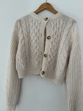 Zara Cream Cable-Knit Button-Back Cardigan